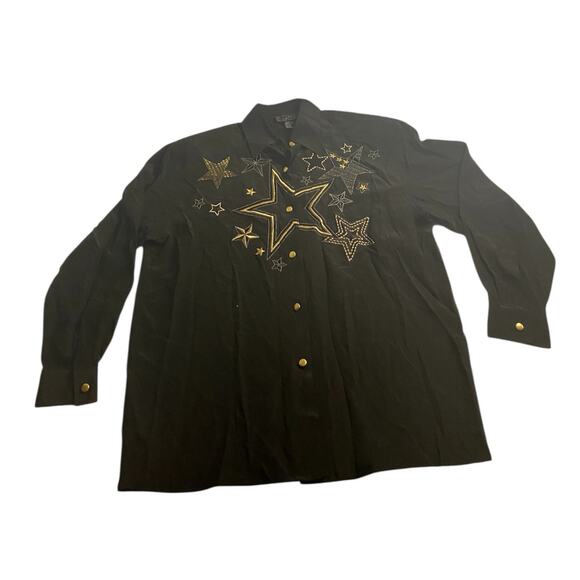 Vintage Starcore Glam Embroidered Silk Button Down Suzelle Black Top 14 - Picture 2 of 6